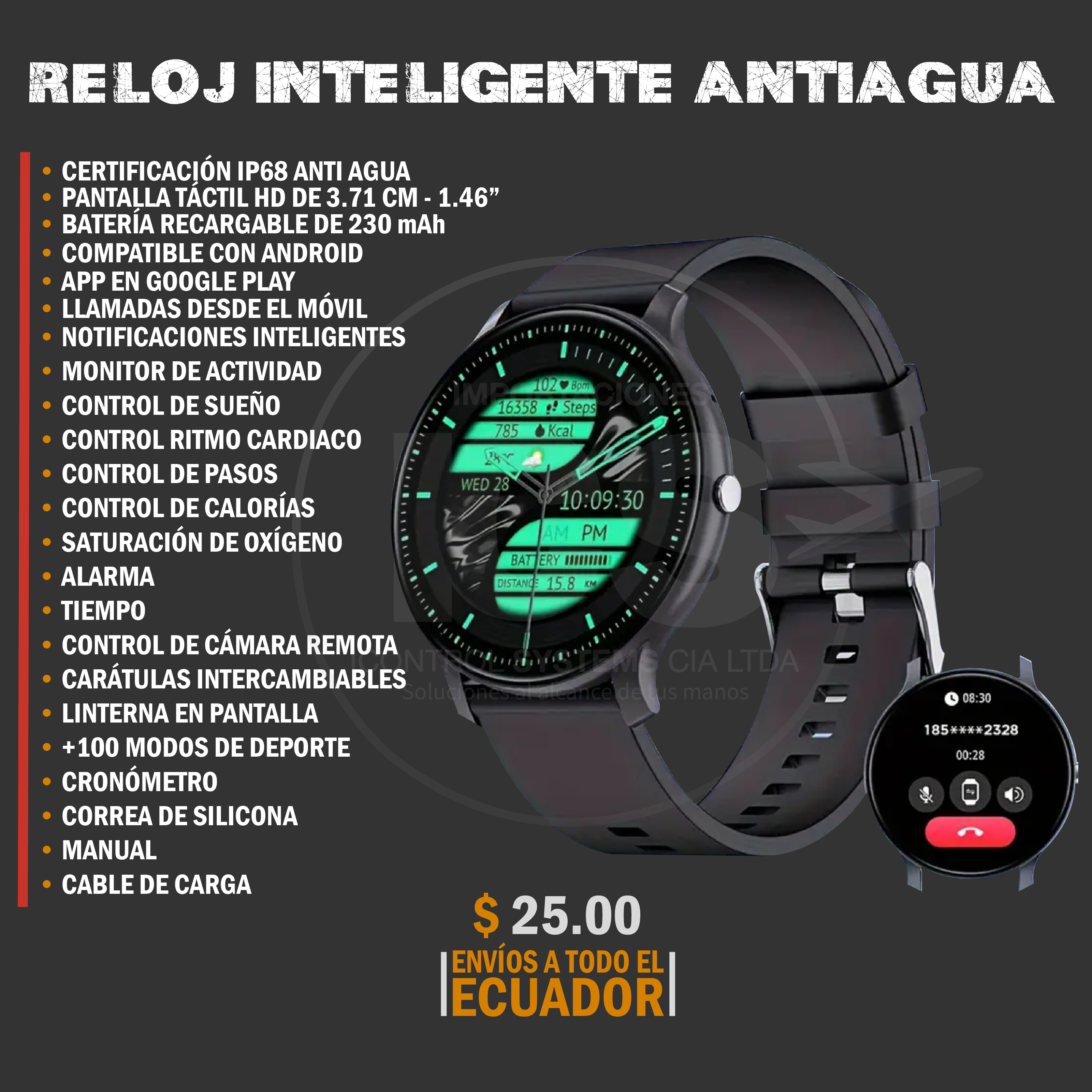 SMART WATCH - RELOJ INTELIGENTE COLOR NEGRO PANTALLA TACTIL HD DE 371 CM RESISTENCIA AL AGUA IP68